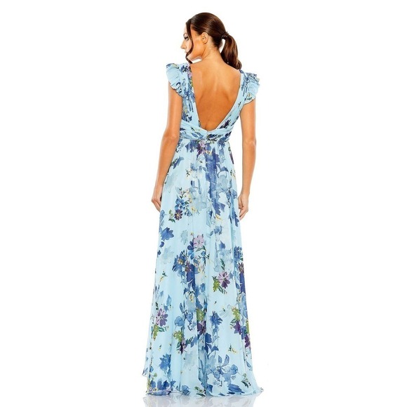 Mac Duggal Floral Print Flutter Sleeve Chiffon Gown Blue Multi Womens Size 6 NWT - Picture 4 of 12